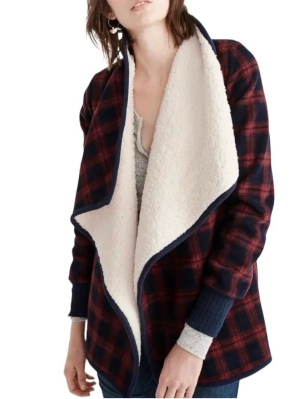 Abercrombie & Fitch Navy and Red Plaid Sherpa Teddy Jacket Small